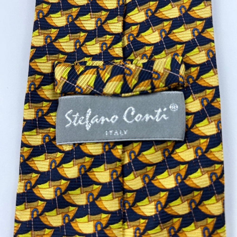 Stefano Conti Navy Yellow Umbrellas Novelty 100% Silk Tie Italy - Picture 3 of 8